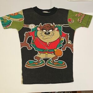 Vtg 1997 Warner Bros. Taz Survival Camping T-Shirt - Black Green & Red - Sz 12